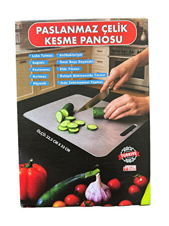 Paslanmaz Krom Metal Çelik Et Balık Sebze Kesme Panosu Tahtası - 22,5 x 33 Cm. -  
