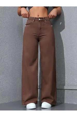 Melody Kadın Kahve Jeans Palazzo Bol Paça Rahat Yüksek Bel Denim Kot Pantolon