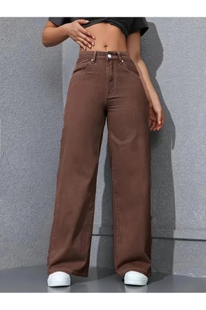 Melody Kadın Kahve Jeans Palazzo Bol Paça Rahat Yüksek Bel Denim Kot Pantolon