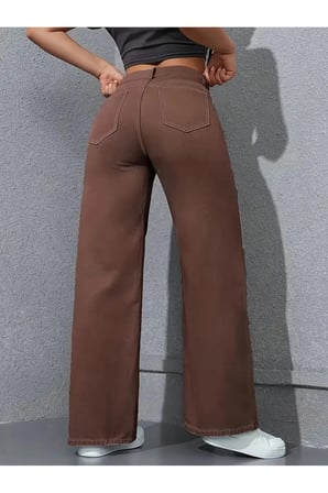 Melody Kadın Kahve Jeans Palazzo Bol Paça Rahat Yüksek Bel Denim Kot Pantolon