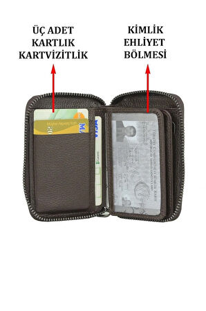 Hakiki Deri Fermuarlı Erkek Kartvizitlik Şeffaf Ehliyet Ve Kimlik Bölmeli Para Bölmeli