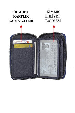 Hakiki Deri Fermuarlı Erkek Kartlık Şeffaf Ehliyet Ve Kimlik Bölmeli Banknot Bölmeli
