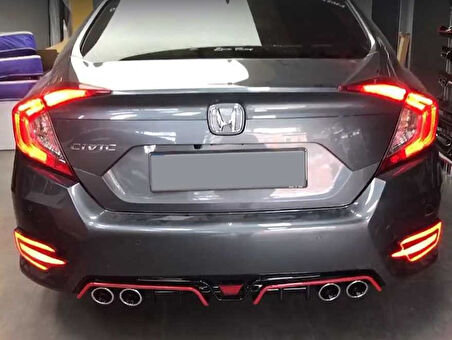 Honda Civic Fc5 2016-2021 Araca Özel  Difizör 4 Egsoz Pianolack Kırmızı Serit