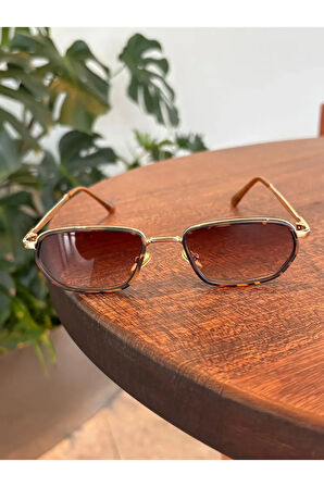 Dikdörtgen Leopar desenli Kahverengi metal Gold Güneş Gözlüğü