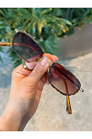 Dikdörtgen Leopar desenli Kahverengi metal Gold Güneş Gözlüğü