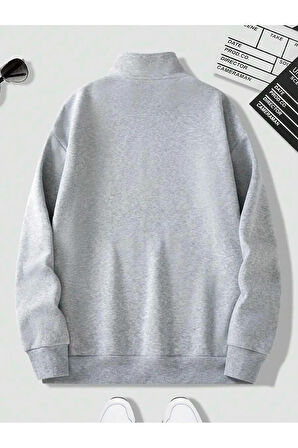 Unisex Dik Yaka Yarım Fermuarlı Oversize Sweatshirt