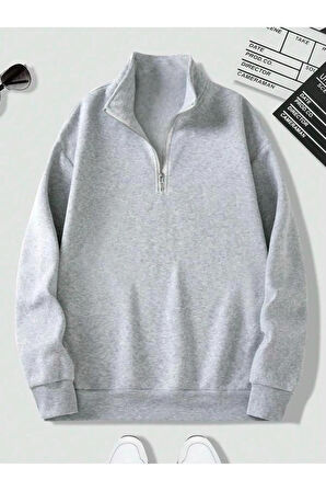 Unisex Dik Yaka Yarım Fermuarlı Oversize Sweatshirt