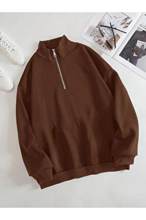 Unisex Dik Yaka Yarım Fermuarlı Oversize Sweatshirt