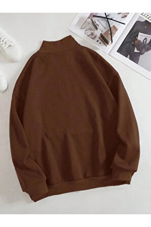 Unisex Dik Yaka Yarım Fermuarlı Oversize Sweatshirt