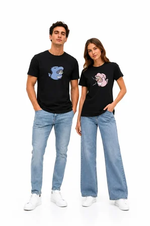 Sevgili Kombini Dinozor Baskılı Unisex Beyaz Tişört Seti – Çift Tişörtü