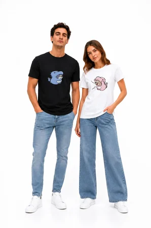Sevgili Kombini Dinozor Baskılı Unisex Beyaz Tişört Seti – Çift Tişörtü