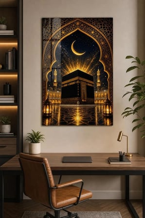 Kabe ve Hilal Desenli Baskılı Cam Tablo – UV Baskı Manevi Duvar Dekoru