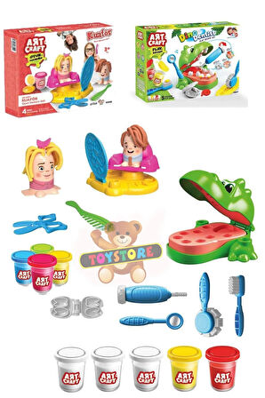 Oyuncak Dino Dişçi Oyun Hamuru Set Kuaför Hamur Set 2in1