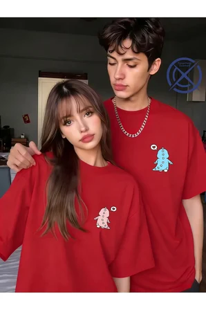 Sevgili Kombini Mini Dinozor Baskılı Çift Tişört Oversize Unisex Çift Kombin Sevimli Çift Set