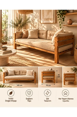 DizyWood Masif Ahşap Sedir Koltuk 140x70 cm – Mindersiz Doğal Ahşap Daybed