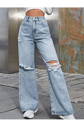 kaizerdenim Kadın Açık Mavi Yüksek Bel Geniş Paça Bol,salaş  diz yırtık Palazzo Jeans