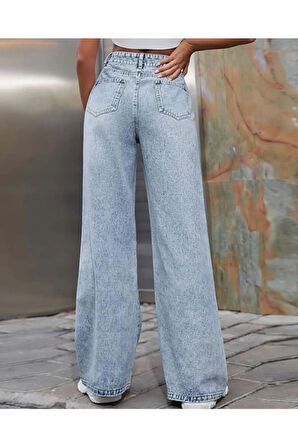 kaizerdenim Kadın Açık Mavi Yüksek Bel Geniş Paça Bol,salaş  diz yırtık Palazzo Jeans