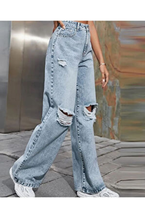 kaizerdenim Kadın Açık Mavi Yüksek Bel Geniş Paça Bol,salaş  diz yırtık Palazzo Jeans