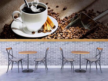 Fincan ve Kahve Çekirdeği Temalı Cafe Duvar Kağıdı Baskı