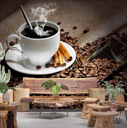 Fincan ve Kahve Çekirdeği Temalı Cafe Duvar Kağıdı Baskı