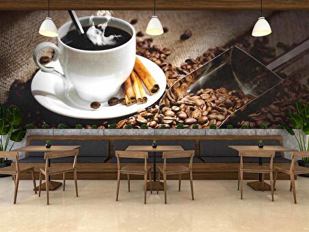 Fincan ve Kahve Çekirdeği Temalı Cafe Duvar Kağıdı Baskı