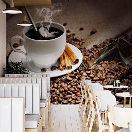 Fincan ve Kahve Çekirdeği Temalı Cafe Duvar Kağıdı Baskı
