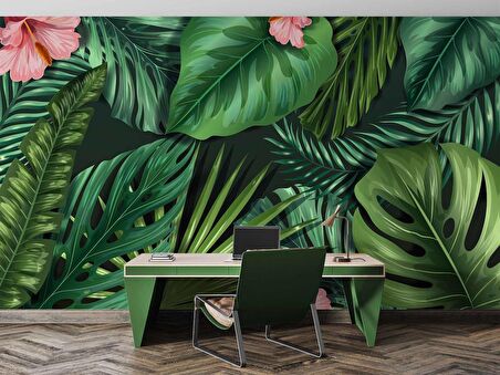 Botanik Yaprak ve Çiçek Desenli Duvar Kağıdı