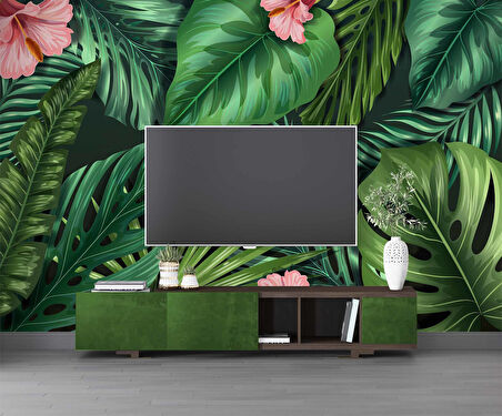 Botanik Yaprak ve Çiçek Desenli Duvar Kağıdı