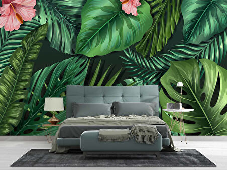 Botanik Yaprak ve Çiçek Desenli Duvar Kağıdı