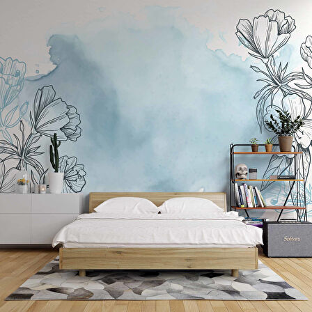 Mavi Zemin ve Siyah Çiçek Çizim Desenli Duvar Kağıdı