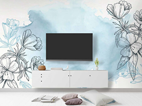 Mavi Zemin ve Siyah Çiçek Çizim Desenli Duvar Kağıdı