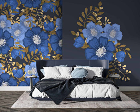 Mavi Çiçek Desenli Duvar Kağıdı