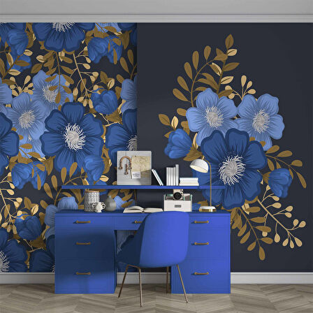 Mavi Çiçek Desenli Duvar Kağıdı