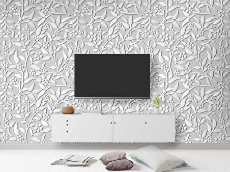 3 Boyutlu Gri Çiçek Desenli Duvar Kağıdı