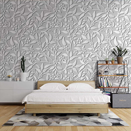 3 Boyutlu Gri Çiçek Desenli Duvar Kağıdı