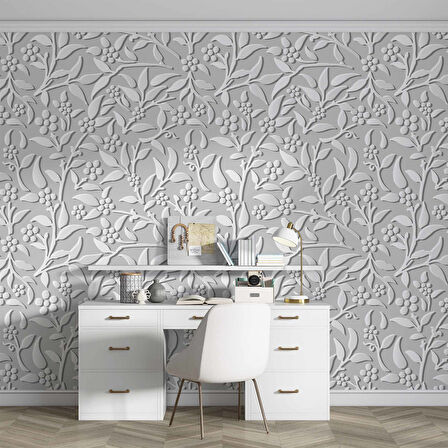 3 Boyutlu Gri Çiçek Desenli Duvar Kağıdı