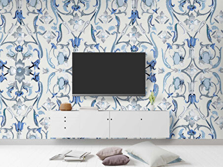 Mavi Çiçek Boyama Çizim Desenli Duvar Kağıdı