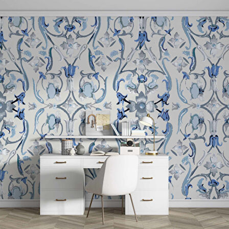 Mavi Çiçek Boyama Çizim Desenli Duvar Kağıdı