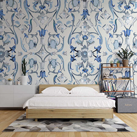 Mavi Çiçek Boyama Çizim Desenli Duvar Kağıdı