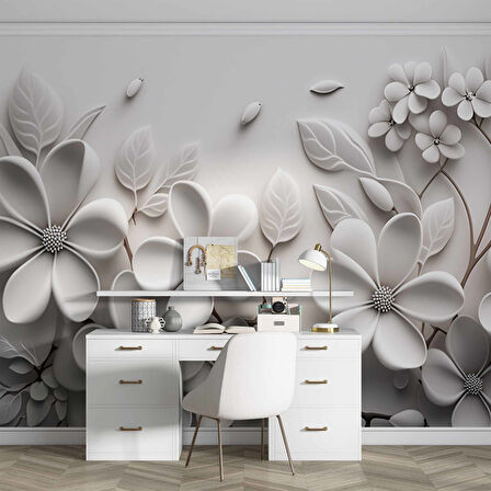 3 Boyutlu Beyaz Çiçek Desenli Duvar Kağıdı