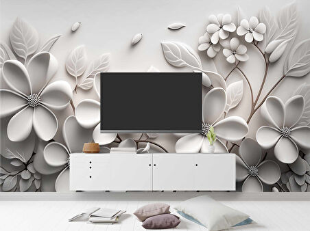 3 Boyutlu Beyaz Çiçek Desenli Duvar Kağıdı