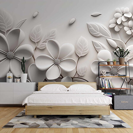 3 Boyutlu Beyaz Çiçek Desenli Duvar Kağıdı