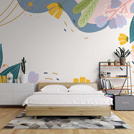 Renkli Yapay Çiçek Desenli Duvar Kağıdı