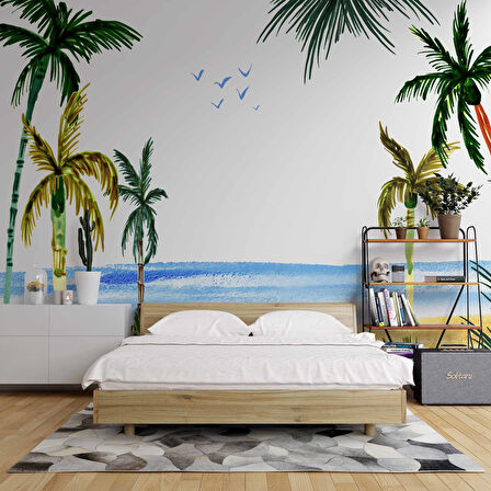 Tropikal Suluboya Çizim Manzaralı Duvar Kağıdı