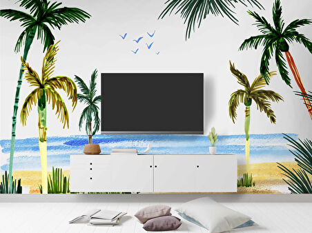 Tropikal Suluboya Çizim Manzaralı Duvar Kağıdı