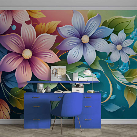 3 Boyutlu Rengarenk Çiçek Temalı Duvar Kağıdı