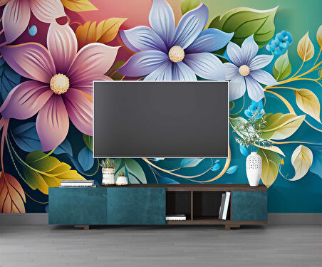 3 Boyutlu Rengarenk Çiçek Temalı Duvar Kağıdı