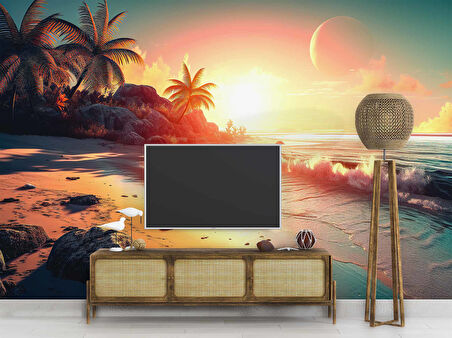 Günbatımı Sahil ve Deniz Manzaralı Duvar Kağıdı