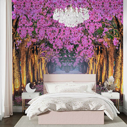 Pembe Çiçekli Ağaç Manzaralı Duvar Kağıdı