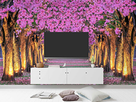 Pembe Çiçekli Ağaç Manzaralı Duvar Kağıdı